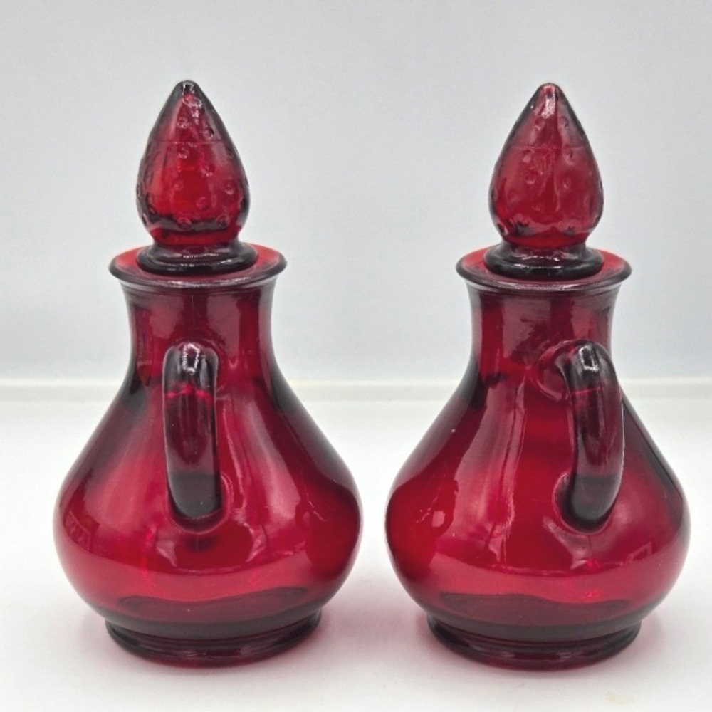 Vintage Avon Cape Cod Ruby Red Glass Cruet Set Vinegar Oil Decanters Pair - Picture 2 of 7